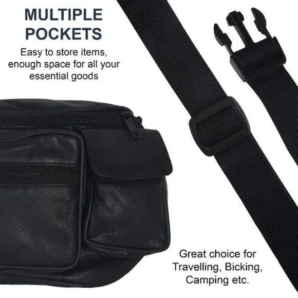 New Men's Genuine Leather Fanny Pack Black - Picture 6 of 9
